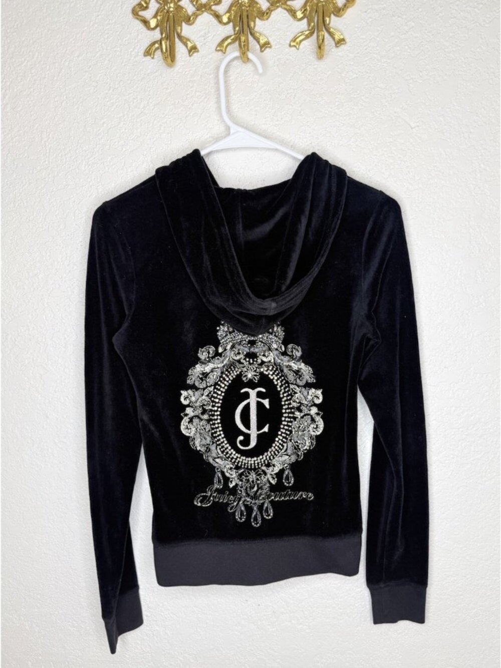 Y2K Juicy Couture Velour Track Jacket Small Black Hoodie Rhinestones Vintage R